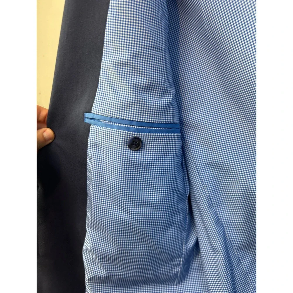 Egara Suit Jacket Mens 40 Long Blue Skinny Fit Stretch Gingham Lining‎ Preppy